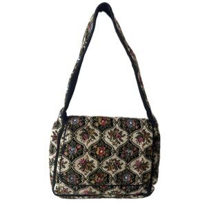Vintage Floral Needlepoint Embroidered Suede Leather Lining Messenger Bag